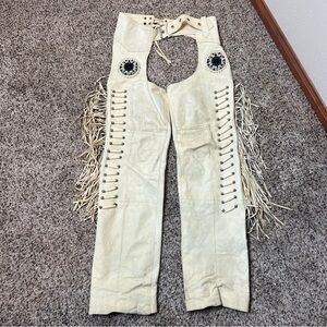 VTG Antelope Creek Cream Leather Fringe Beaded Biker Motorcycle Chaps Size XS